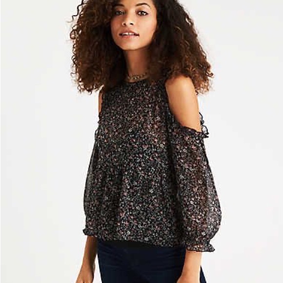 American Eagle Black Floral Ruffle-Trim Cold Shoulder Blouse | Size Small - Picture 15 of 15